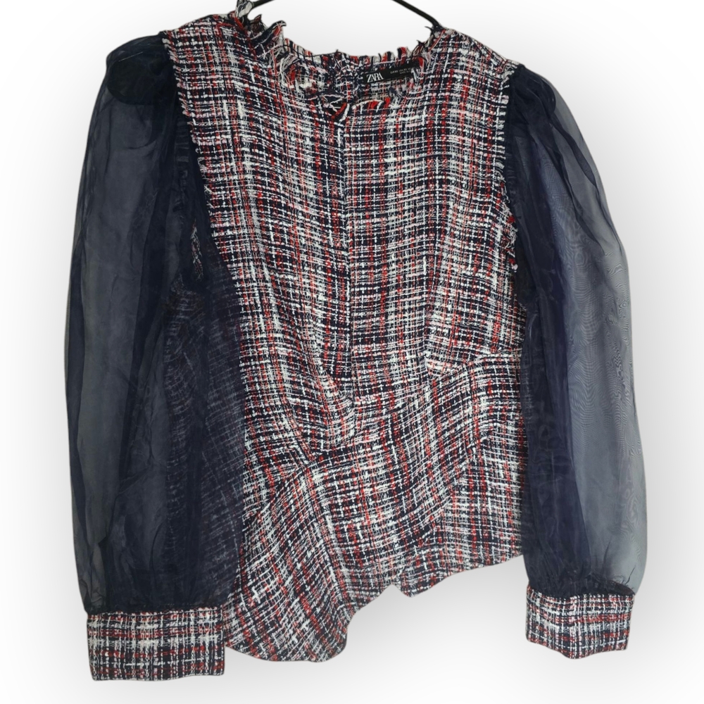 Chic Plaid Blouse with Sheer Sleeves